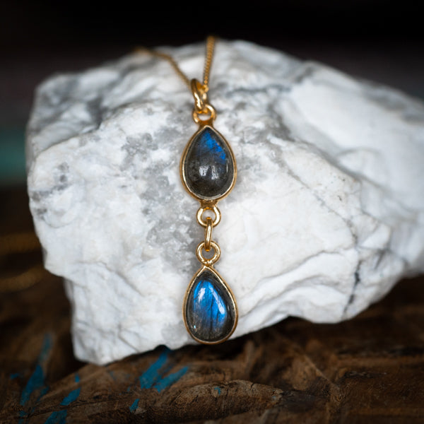 Double Pear Labradorite Gold Necklace