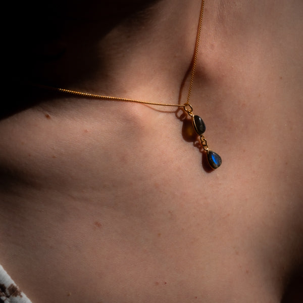 Double Pear Labradorite Gold Necklace