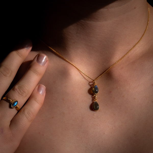 Double Pear Labradorite Gold Necklace