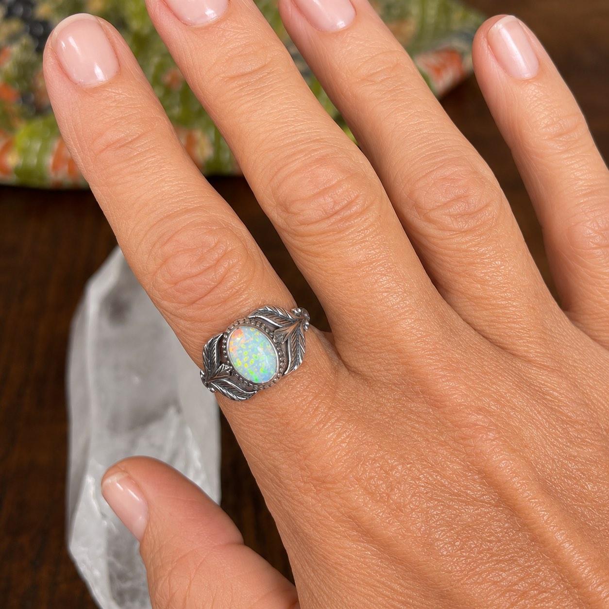 White Opal Leaf Ring